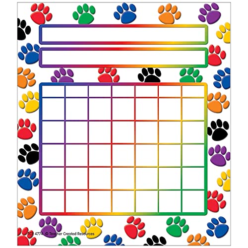 Teacher Created Resources Colorful Paw Prints Incentive Charts, 5.25" x 6", 36 Sheets Per Pack, 6 Packs