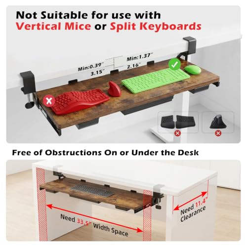 TECLUK Large Keyboard Tray Under Desk 33.5x11.4“ with 3 Drawer,Mahogany