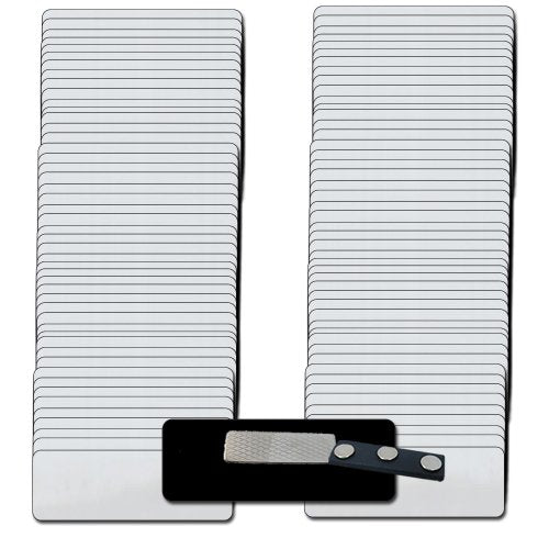 Magnetic Name Tags/Badges with Super Strong Magnetic Fasteners UNATTACHED - 100 Pack Kit Includes Crystal Clear Gloss Printable Labels - Silver Name Badges with 1/8th Rounded Corners 1.25 X 3 Inch