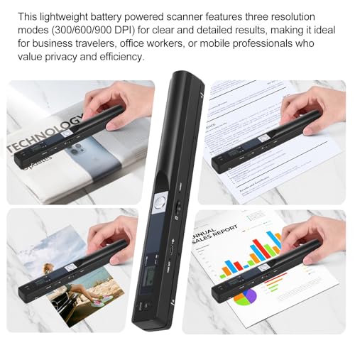Portable Document Scanner, 900DPI Handheld Scanner Wand for Documents & Receipts, A4 Photo Image Scanner JPG/PDF, Portable Scanner for Laptop, USB 2.0 High Speed Transfer, Supports Micro SD Card