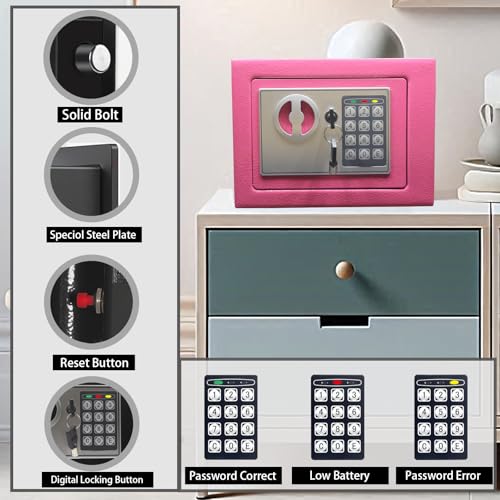 Yuanshikj Small Steel Security Safe Box with Keypad,Key;0.23 Cu Ft, Pink