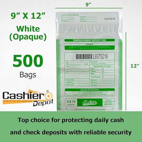 500 Cashier Depot Tamper Evident Bank Deposit Bags, 9" x 12" White Opaque, 500 Count, Serialized Numbering with Barcode, Press and Seal Void Closure, Perforated Receipt, Made in USA
