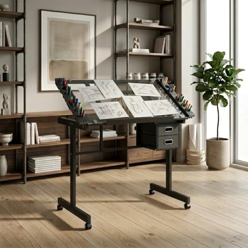 TYMMC Adjustable Art Drawing Desk Craft Station Drafting Table with 2 Fabric Drawers and 4 Wheels, Black