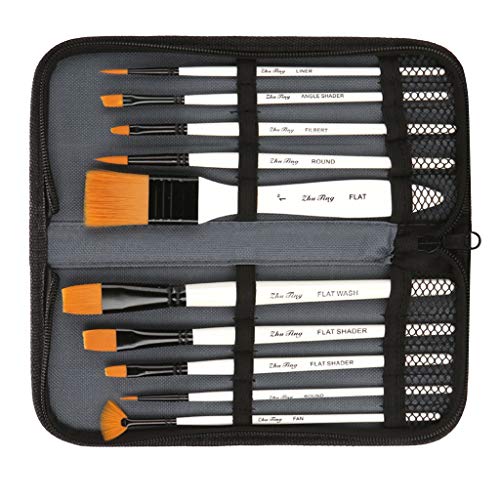 HBJWOV 10Pcs Nylon Hair Oil Acrylic Watercolor Painting Brushes Set W/Zipper Case