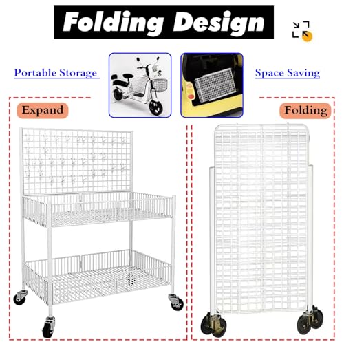 MLYAYE Wire Grid Wall Display Rack for Vendors White Black, Portable Folding Pushcart Shelves on Wheels for Art/Craft Show/Farmers Market/Booth, Retail Booth Stall Kiosk(White,L 39 2/5inch)