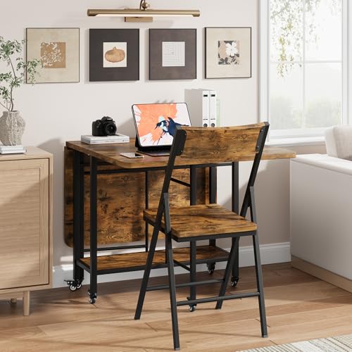 GAOMON 5 PCS Farmhouse Dining Table Set for 4, 47" Large Wooden Folding Dining Table Set with 4 Foldable Chairs, Drop Leaf Foldable Kitchen Table on Wheels, Sturdy Steel Frame ＆ Space Saving, Retro