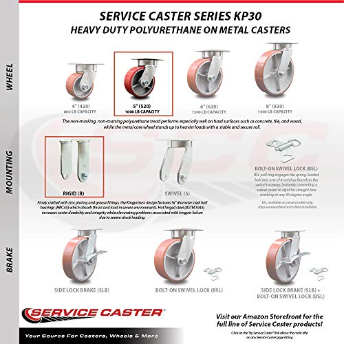 Heavy Duty Kingpinless Swivel Caster Set of 4 with 5 Inch Red Polyurethane on Cast Iron Wheels and Ball Bearings - Includes 2 Swivel and 2 Rigid - 4,000 lbs. Total Capacity - Service Caster Brand
