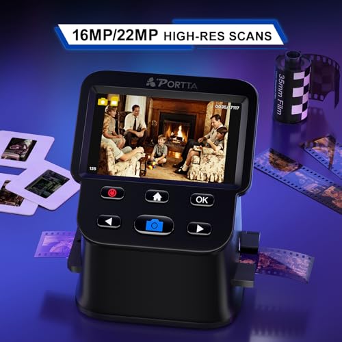 PORTTA Film Scanner with 5" LCD Screen, 22MP Slide & Negative Scanner, Converts 135, 126, 110 Film & Slides to Digital Photos, HDMI Output, SD Card Storage, No Computer Required