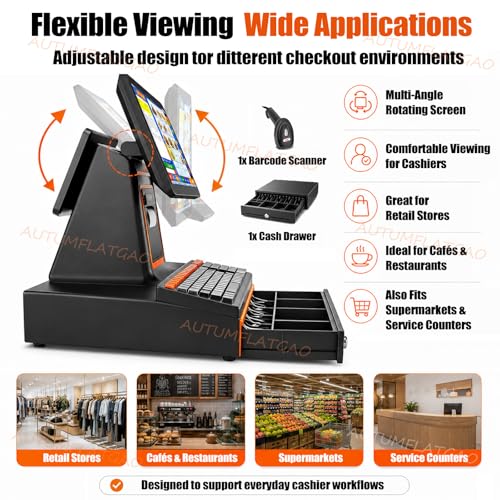 All in One Pos System Cash Register, 15.6" Touch Screen, Built-In Thermal Printer, I5 Processor, 8GB RAM, 128GB SSD, Barcode Scanner and Drawer for Small Business Retail and Restaurant Use Black