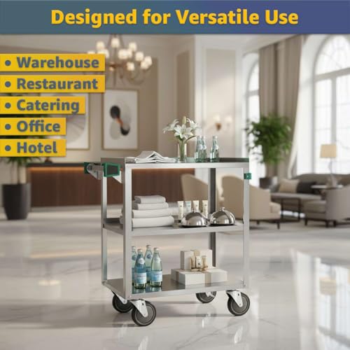 16" x 27" Commercial Stainless Steel Utility Cart with Three Shelves - NSF Service Cart with Handle and 5" Swivel Casters, Heavy-Duty Rolling Cart for Kitchen, Hotel and Catering