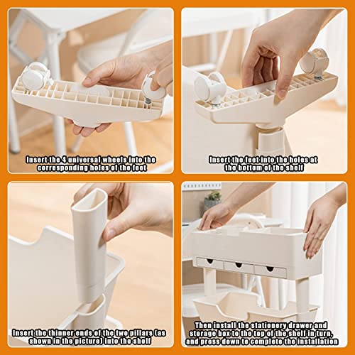 SXHEYUY 6 Tier Book Rack Storage Bookshelf, Movable Unique Bookcase, Book Shelf Tall Narrow with Colored Pencils for Bedroom Office Children Students in Bedroom Living Room,White,with Drawers