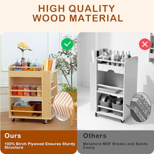 kidi house Art Cart Organizer on Wheels 3-Tier Wooden Rolling Craft Cart