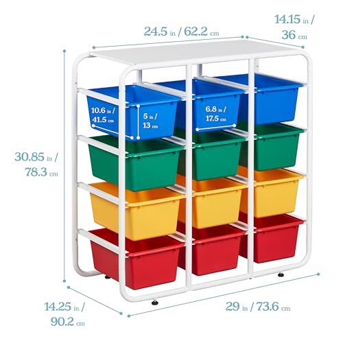 ECR4Kids 4-Tier Storage Rack with 12 Cubby Bins 4x3, Multipurpose Organization, Primary