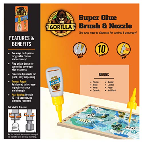 Gorilla Super Glue with Brush & Nozzle Applicator, 12 Gram, Clear, (Pack of 10)