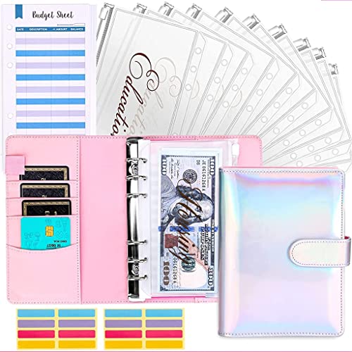 ONMYJFD A6 PU Leather Binder Planner Cash Envelopes Organizer with 12 Binder Pockets,12 Expense Budget Sheets,for Budgeting Money Saving(Black)