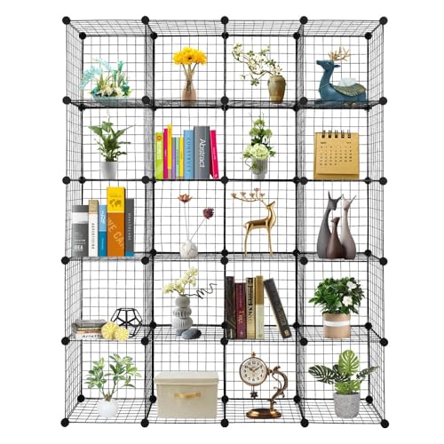 Kaireey 20-Cube Modular Wire Grid Storage Organizer, DIY Metal Cube Shelving Unit with Plastic Connectors, Origami Bookcase for Closet, Bedroom, Living Room & Office, Black