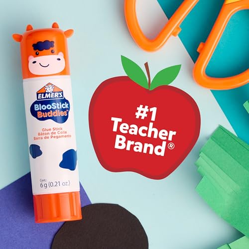 Elmer's BlooStick Buddies Glue Sticks, Disappearing Blue, Anti-Roll Cap Design, Unique Characters, 6 Grams, 48 Count - Classroom Supplies, #1 Teacher Brand