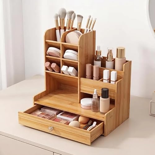 GHCUHJ Natural Bamboo Desk Organizer, Multi-Compartment Storage Caddy with Drawer, Desktop Organizer for Office Supplies, Makeup, Stationery, Home & Office Use