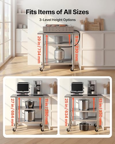 VEVOR Stainless Steel Work Table, 24x36 Inch Food Prep Table with 2 Shelves and Wheels, Commercial Kitchen Workstation, Metal Heavy Duty Utility Worktable, for Restaurant Home Hotel Garage Outdoor