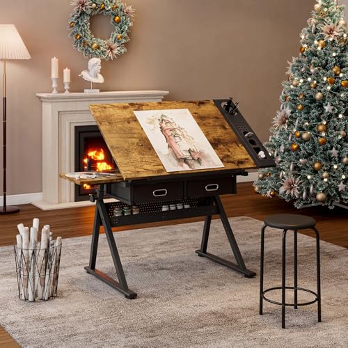 Majnesvon Adjustable Drafting Table, Metal Artist Desk, Drawing Desk with 2 Drawers & Stool, Art Tables with Storage for Home Office & School (Brown)