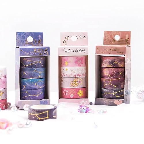 UOHLCX Starry Sky Cherry Blossoms Washi Tape Set Adhesive DIY Scrapbooking Sticker Label