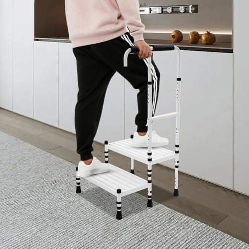 Step Stool with Handle, Adult Ramp with Handrail 21″L 2 Steps White, Metal Stepping Stool for Seniors
