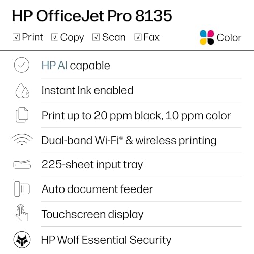 HP OfficeJet Pro 8135 Wireless All-in-One Color Inkjet Printer, Print, Scan, Copy, Fax, ADF, Duplex Printing Best-for-Home-Office, 3 Month Trial of Instant Ink Included, AI-Capable (C2VK1A)