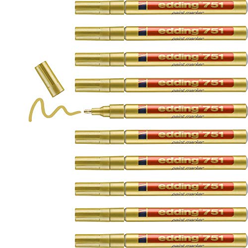 Edding 751 Paint Marker - Gold - 10 Shiny Paint Pens - Round Tip 1-2 mm - for Drawing, Colouring, Scrapbooking - Waterproof, Very Opaque