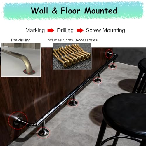 L 2 4 6 8 10 12 14 16 18 20ft Bar Footrest Rail, Undercounter Foot Rails Brushed Stainless Bracket, Round Tube Leg Support Rod(Black,L 3ft/91cm)