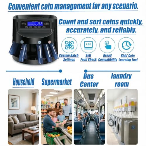 Coin Counter Machine, Electric Coin Sorter and Wrapper with LCD Display, 300-500 Coins Capacity Automatic Change Counter & Roller for Home Office Retail - High-Speed Counting