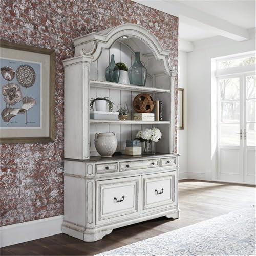 Pemberly Row French Dovetail Drawer Credenza Desk, White and Brown Finish, Poplar and Rubberwood Construction, Antique Pewter Hardware, Spacious Storage, Indoor Office Furniture for Organized
