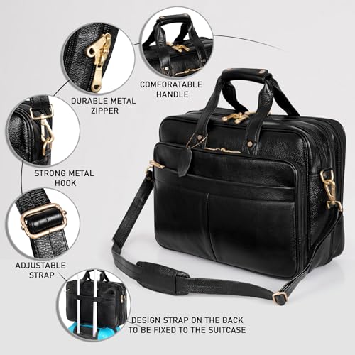 Da leather villa Full Grain Leather Briefcase for Men Top Choice Gifts Laptop Bag Multiple 16'' Compartments Brass Hardware (Black)