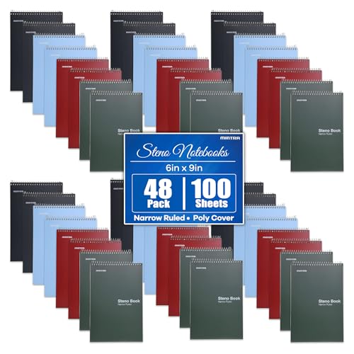 Mintra Office Steno Books Set - Top-Spiral Bound, Narrow Ruled, Poly Covered Notebooks for Office, School & Work, Note-taking, Colorful Arctic Ice, Green Olive, Charcoal, Chili Oil, 6"x9", 48 Pack