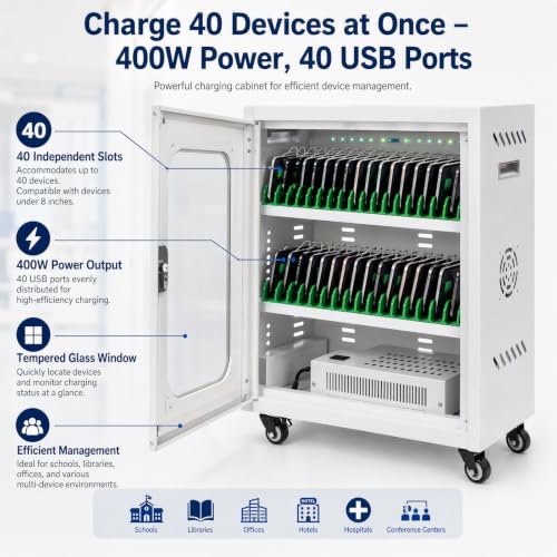 Yellulu 40-Device Charging Cabinet | Laptop Lock Box for iPad Tablet Fits 8" Screen | Mobile Storage Cart | with Cable Management and Charger Storage | for Classroom, Library, and Office (White)