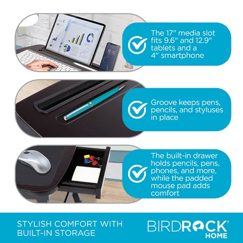 BIRDROCK HOME Curved Wood Lap Tray with Foldout Legs, Storage Drawer, Mouse Pad, Fits Laptops Up to 17", Tablet and Phone Slot, Laptop Table for Sitting or Standing, Work from Home - Walnut