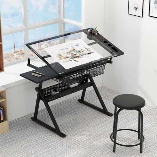 GarveeHome Drafting Table w/Stool, Height Adjustable Multifunctional Art Craft Artists Desk Tilting Glass Tabletop Diamond Paintings Work Station w/2 Storage Drawers for Home Office (Black-1)