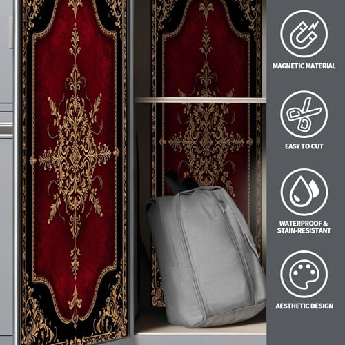 CEREJYPUZ 2 Pcs Locker Magnetic Wallpaper Ornate Baroque Style Golden Floral Deep Red 12" x 36" Wall Magnetic Sticker Removable Locker Accessories Decor Easy Install for Office School