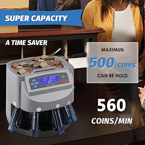 Acivirdde Electronic Coin Sorting Machine, Coin Sorting Machine, Preset Sorting Function, Counting Speed 360 Coins/Minute