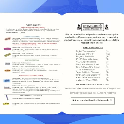 DormDoc College First Aid Kit – Compact Emergency Medical Kit for Dorm Rooms, School, Sports – with Bandages, OTC Medicines for Relief, Gauze, Quick Care Set – Portable Health Kit - 175 PCS, Red