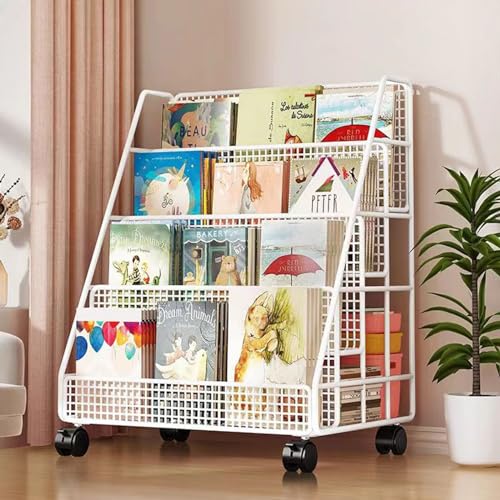Book cartRolling Book cart Metal 4 Tier Rolling Utility cart Heavy Duty Rolling File cart White for Office, Home, School, Classroom,Library