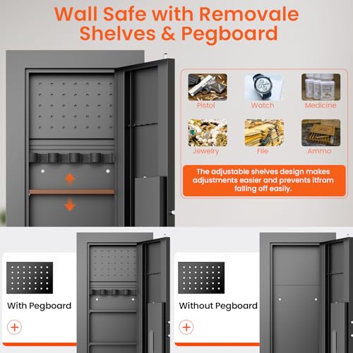 kavey 47.24" Wall Safe Between the Studs, Hidden Safe with Pegboard & LCD Keypad, Digital In Wall Gun Safe with 3 Removable Shelves, Magnetic Gun Slot, In Wall Safe (Black-Digital)