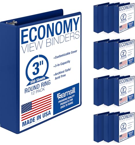 Samsill 3 Inch 3 Ring Binders, Economy Round Ring, Clear View Cover, 550 Sheet Capacity - for School, Home, Office - Blue, 12 Pack