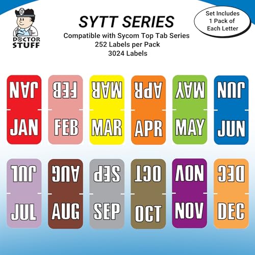 Doctor Stuff - File Folder Month Labels, Complete Set of January - December, Sycom Top Tab Match - SYTT Series Stickers, 3/4" x 1-1/2", 1 Each of 12 Packs, 252/Pack