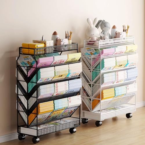 YHKJLYH 6 Tier Metal Rolling File Cart for Office Dorm Classroom Heavy Duty Book Cart with Wheels for Library and Living Room White