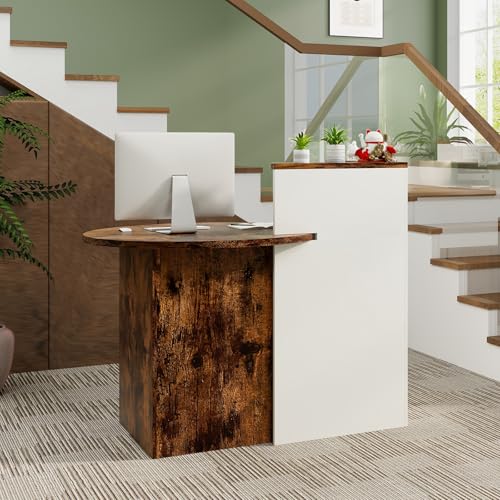 SILKYDRY Reception Desk, Small Retail Checkout Counter with Lockable Drawer and Open Shelves, Wooden Front Desk Reception Counter, Oval Desktop & L Counter for Store Office Lobby Salon (Brown & White)