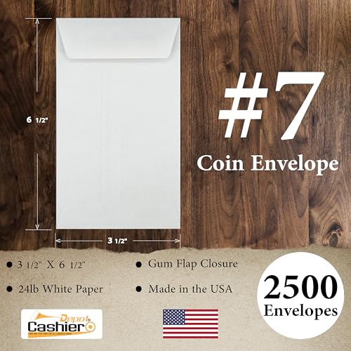 2500 Cashier Depot - #7 Coin Envelopes, 3.5" x 6.5", Sturdy 24 lb. White Paper, Strong Gummed Flap, for Cash, Receipts, Seeds & Small Parts, 2500 Count