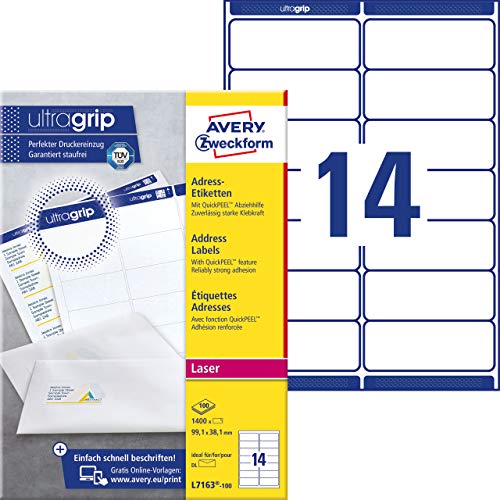 Avery Zweckform J7163-100 Address Labels 99.1 x 38.1 mm for DIN Long Envelopes Pack of 100 Sheets