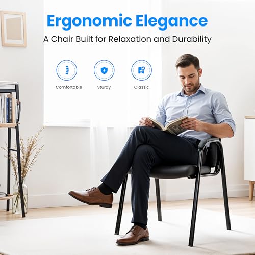 Simple Deluxe Waiting Room Leather Guest Chairs with Padded Arms, Comfy Stationary Reception Meeting Chair, Rest for Conference Side Office Home Desk Elderly Salon Clinic, 2 Pack