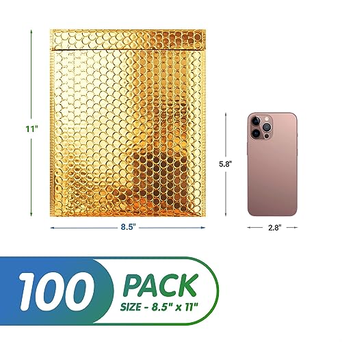 ABC PACK & SUPPLY Metallic Bubble Mailers 8.5 x 11 Inch Gold, Self Seal Closure, 3/16 Inch Cushioning, Padded Shipping Envelopes, Pack of 100