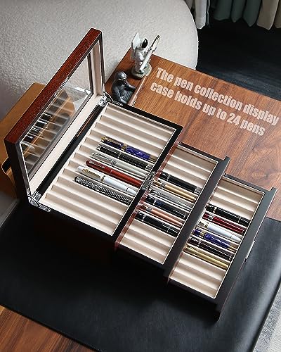 Besforu wood pen display case 36 slot Fountain pen Box storage Organizer with drawer, Top Glass Window Pen Collection Display Case